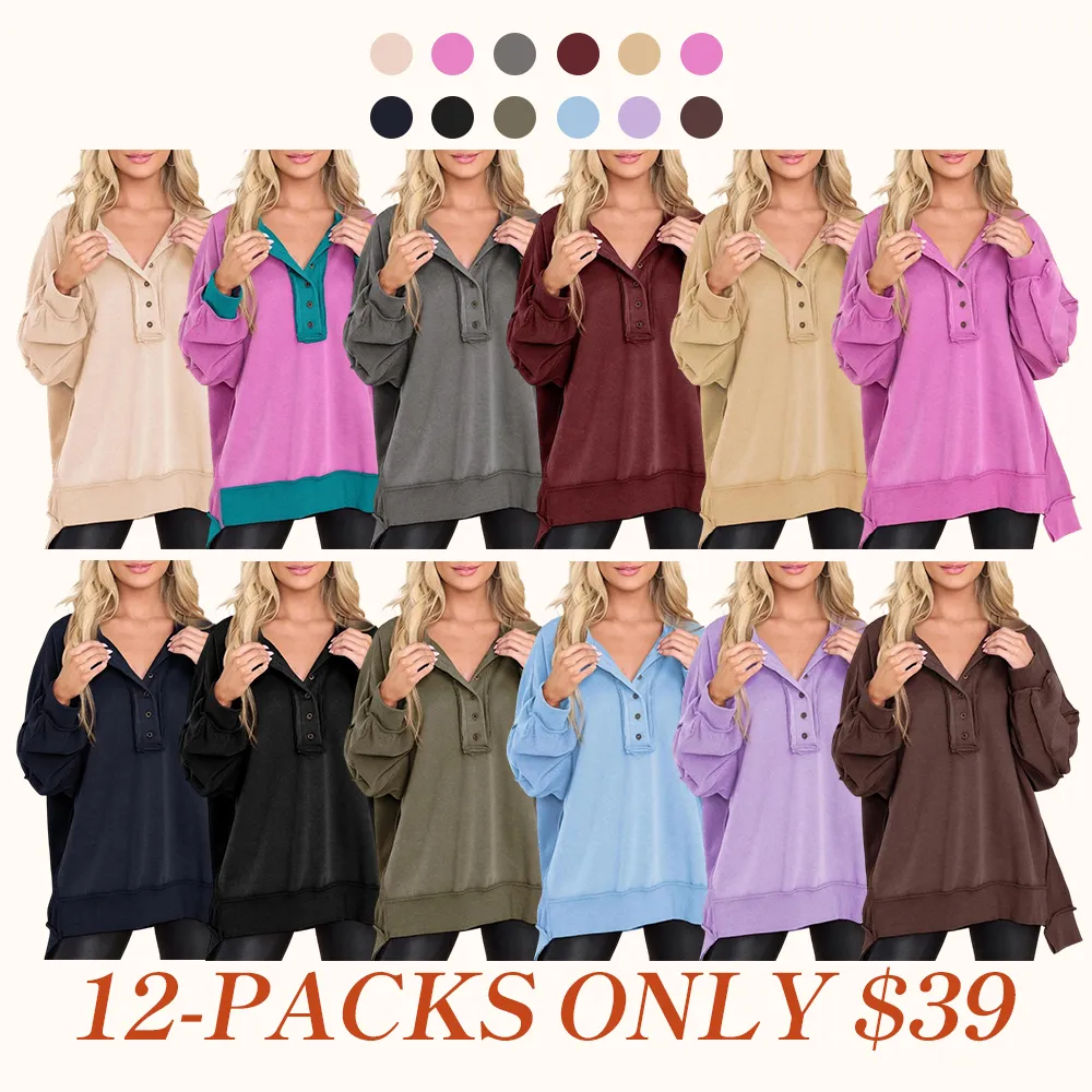 Women's Oversized Button Henley Sweatshirts