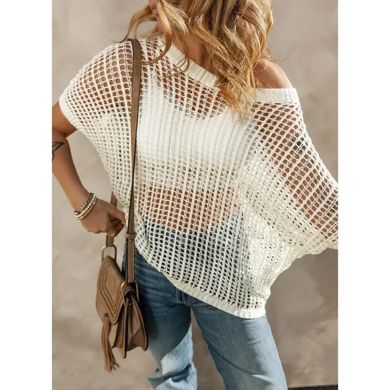 Womens Summer Scoop Neck Short Sleeve Sweater Casual Crochet Hollow Out Knit Tops