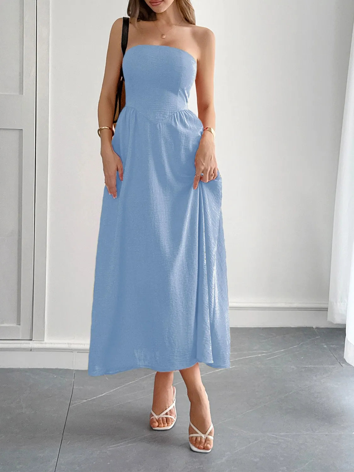 Strapless A-Line Midi Dress with Pockets