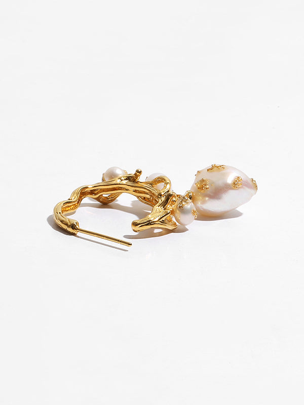 Gold Foil French Baroque Vintage Natural Pearl Earrings
