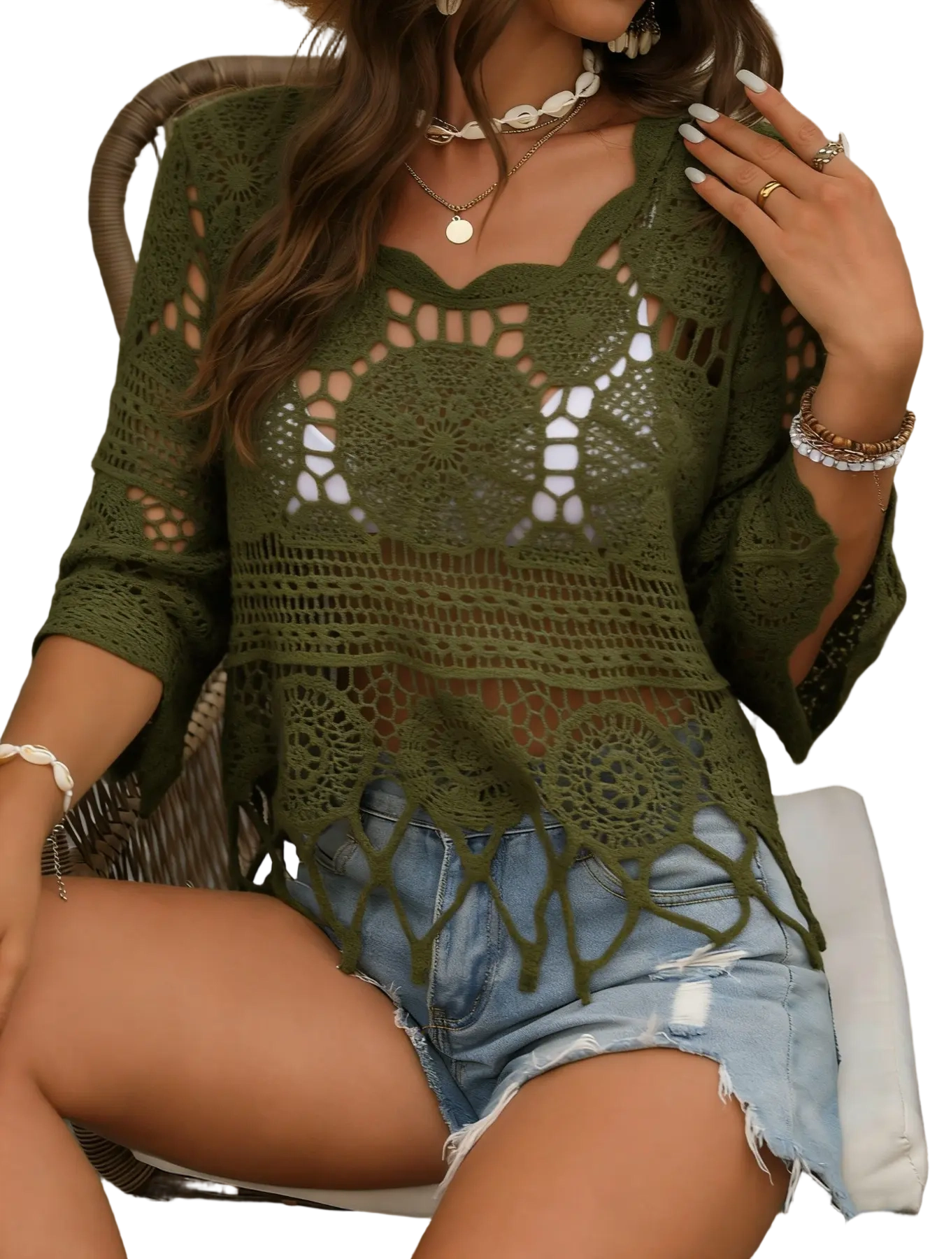 Women's Boho Fringe Trim Cut-Out Sheer Cover-Up – Perfect for Beach & Vacation