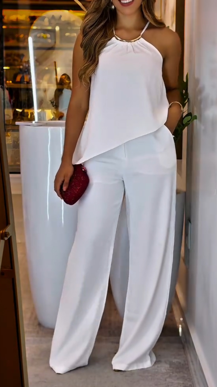 Women Neck Hanging Irregular Top + Pants Casual Suit