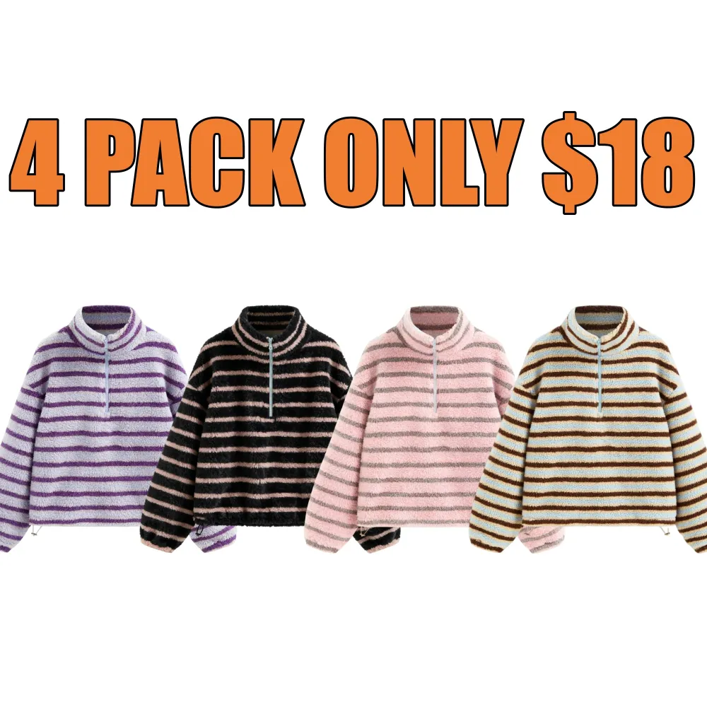 Fleece Stripe Stand Collar Drawstring Half Zip Oversized Sweatshirt