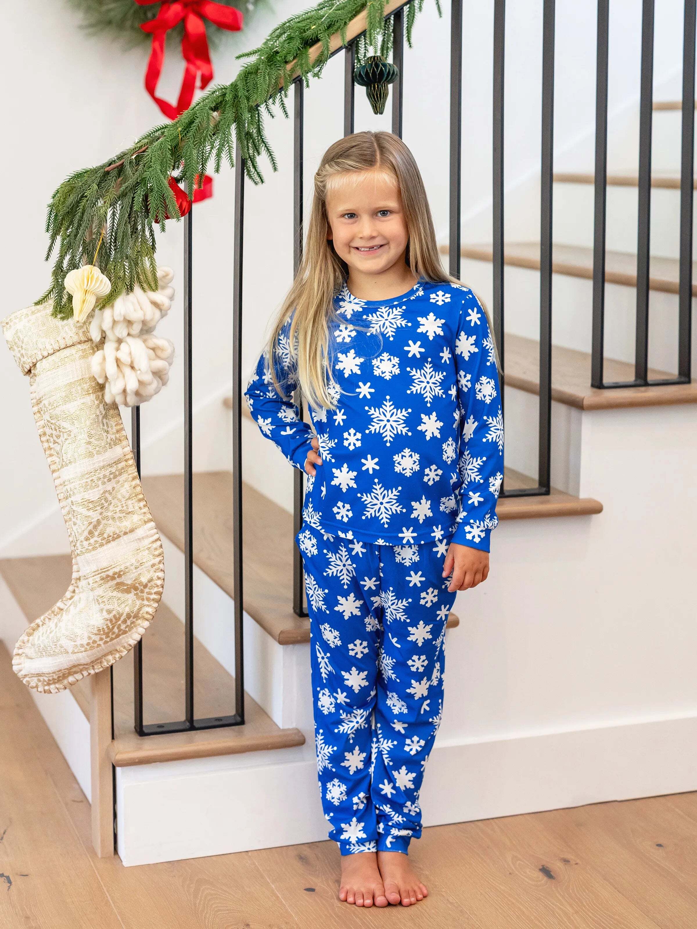 Christmas Matching Family Pajamas Set Snowflake Print Blue PJS with Christmas Socks Blue