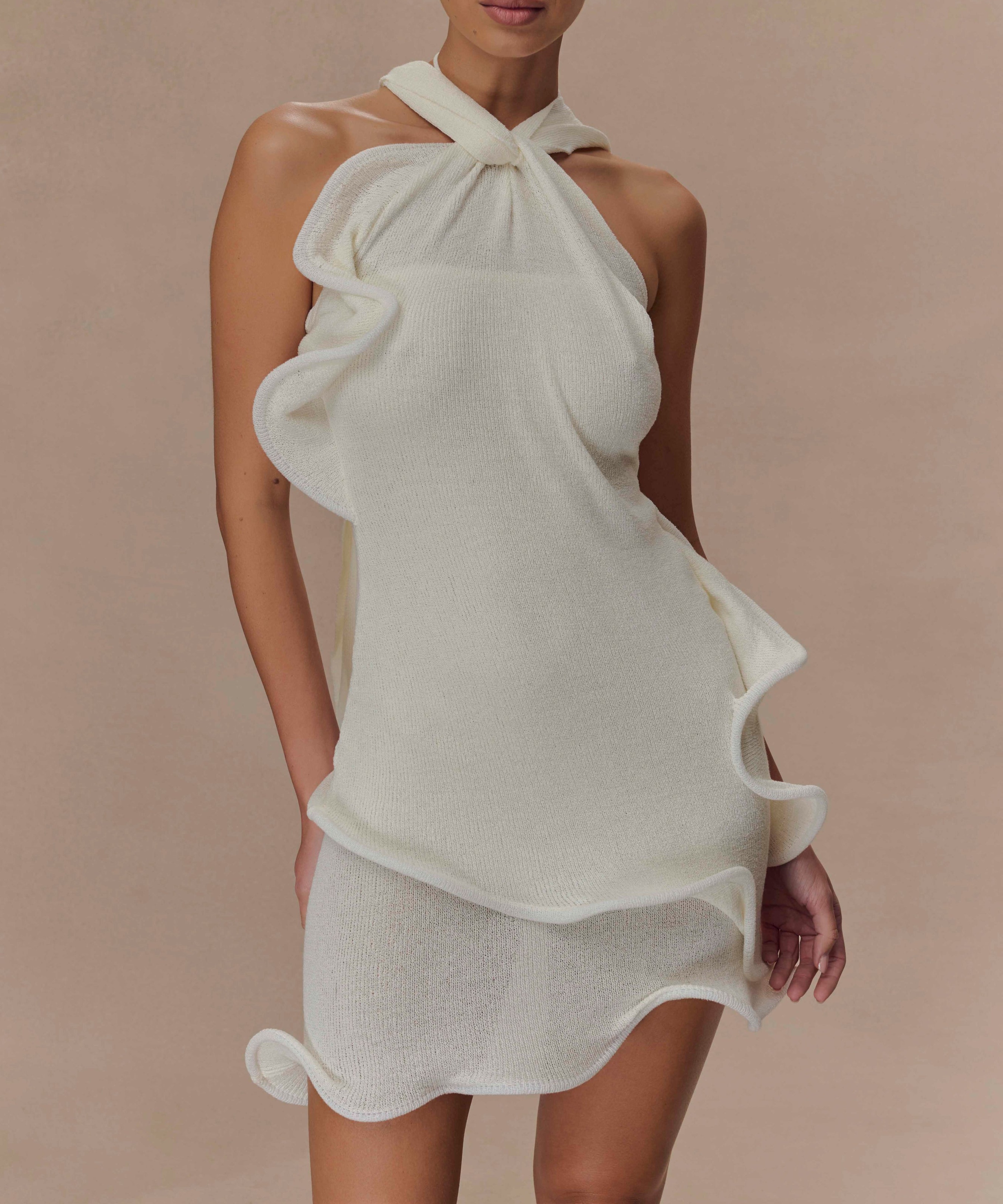 White Halter Knit Mini Dress