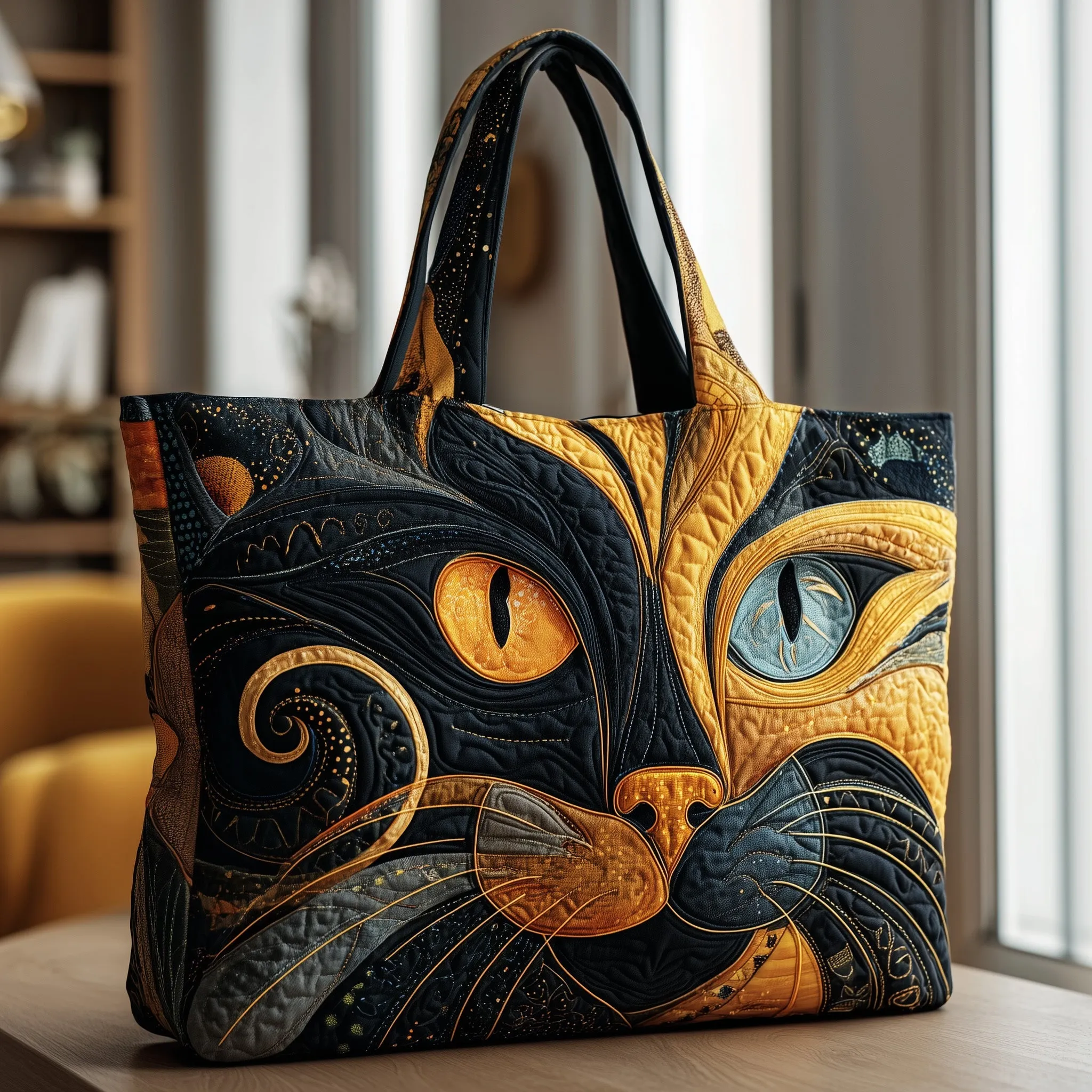 Whimsical Quilted Cat Tote Bag – Colorful Artistic Handcrafted Style for Cat Lovers 🐱🎨