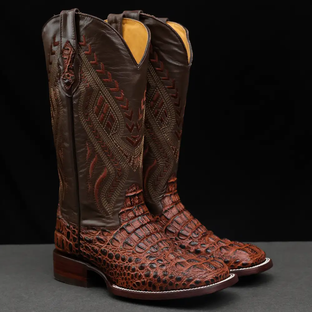 Cognac Caiman Neck Leather Boots - Square Toe