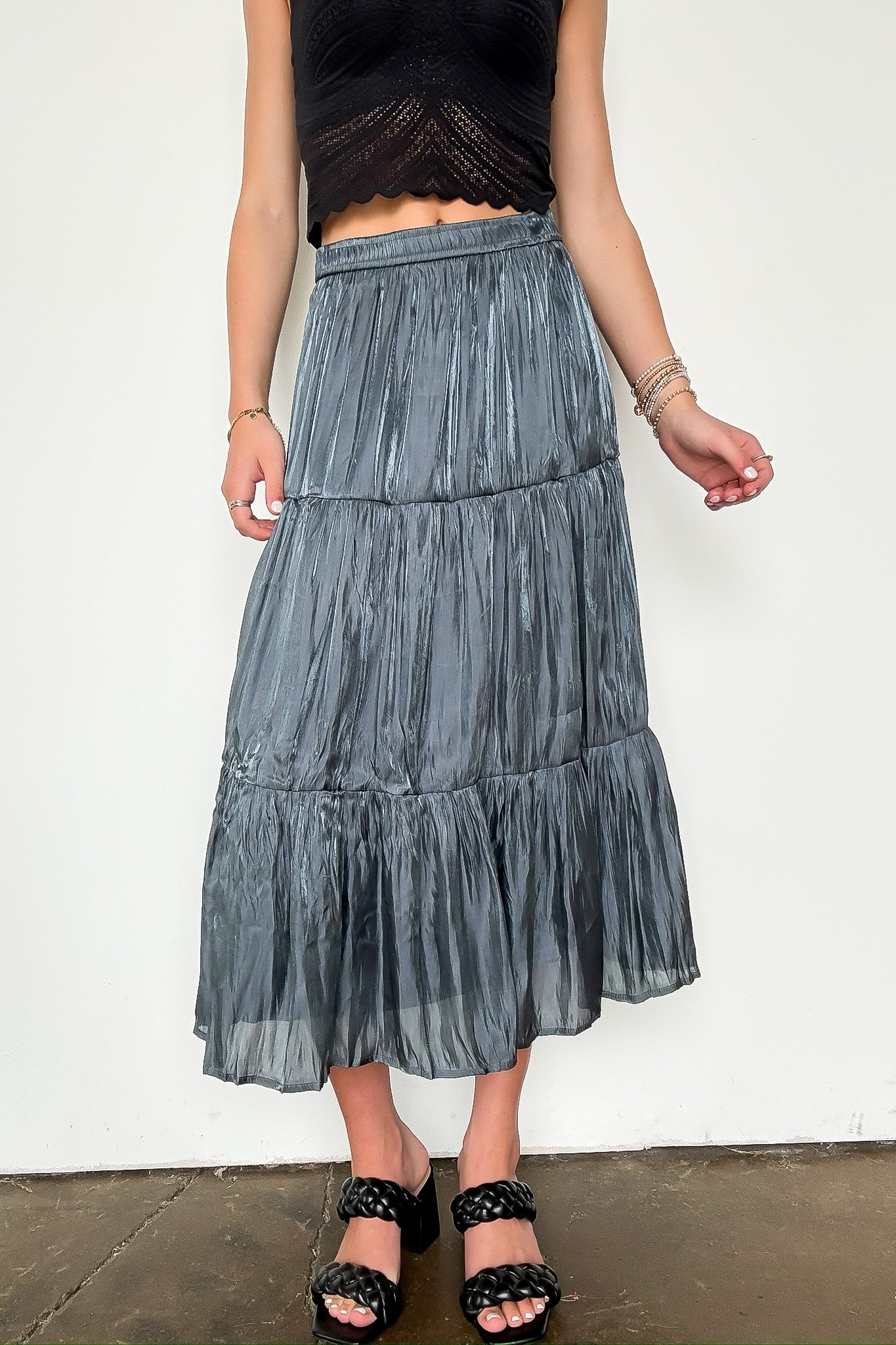 Captivating Delight Tiered Crinkle Shimmer Satin Skirt