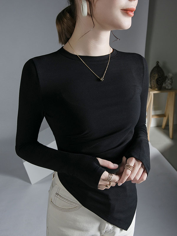 Asymmetric Pleated Solid Color Long Sleeves Skinny Round-Neck T-Shirts Tops