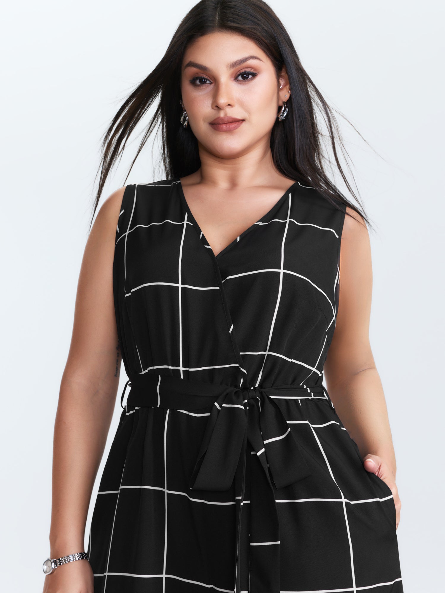 Check Pattern Waist-Tie Jumpsuit