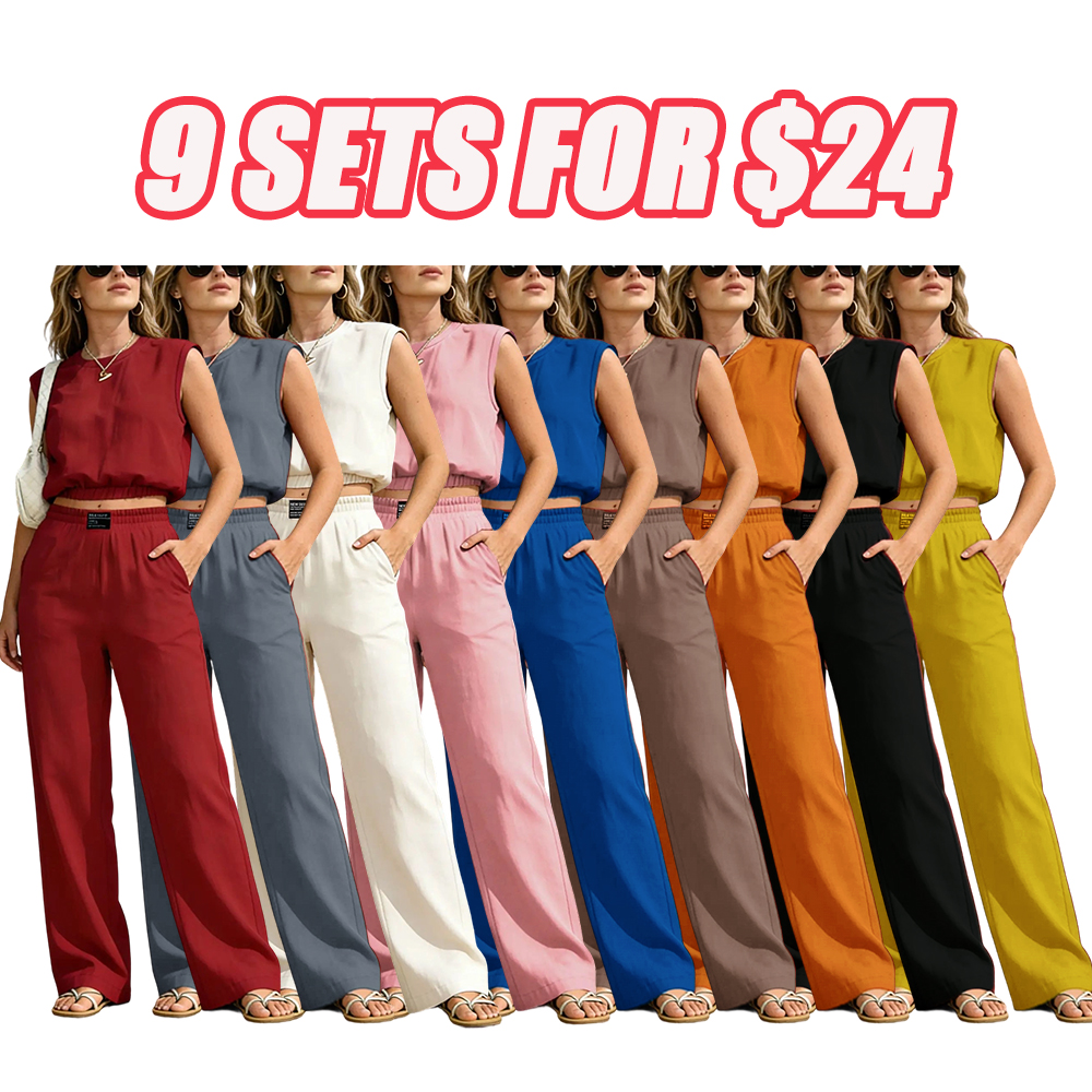 Viral Summer Two Piece Outfit for Women, Sleeveless Crop Top and High Waist Wide Leg Pants