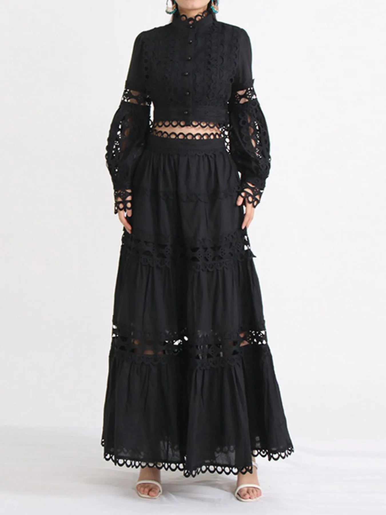 Lace Button Up Long Sleeve Top and Skirt Set