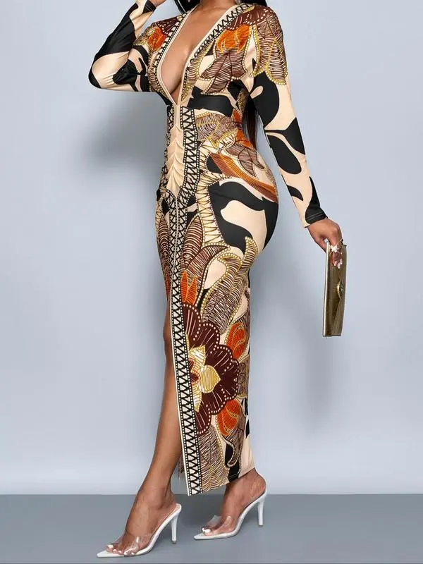 Women's All Over Print Deep V Neck Dress