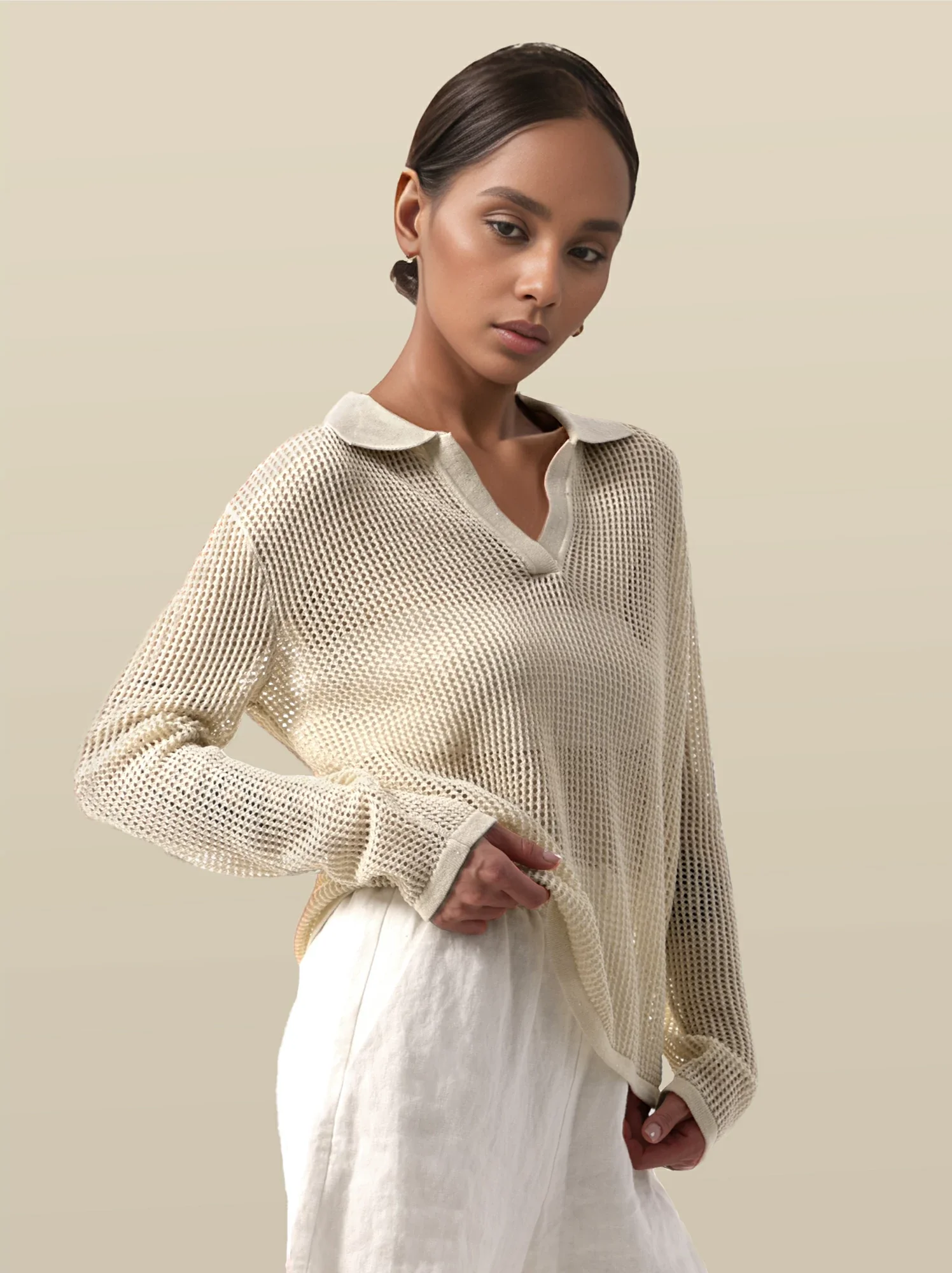 Lyocell & Linen Polo Neck Long Sleeve Cut-out Top