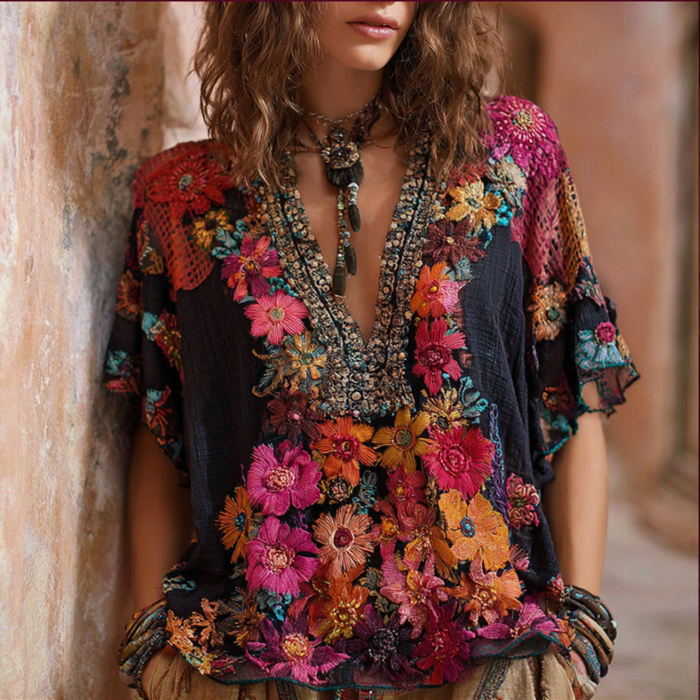 Bohemian Style Plant-dyed Knitted Flower Loose Short-sleeved Shirt