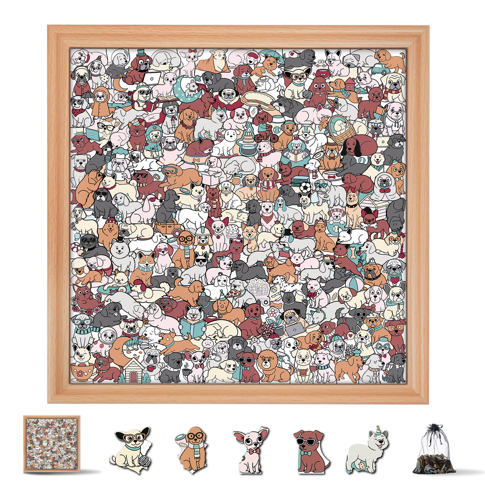 195 Pcs Morandi-Colored Cute Dog Shaped Square Wooden Jigsaw Puzzle