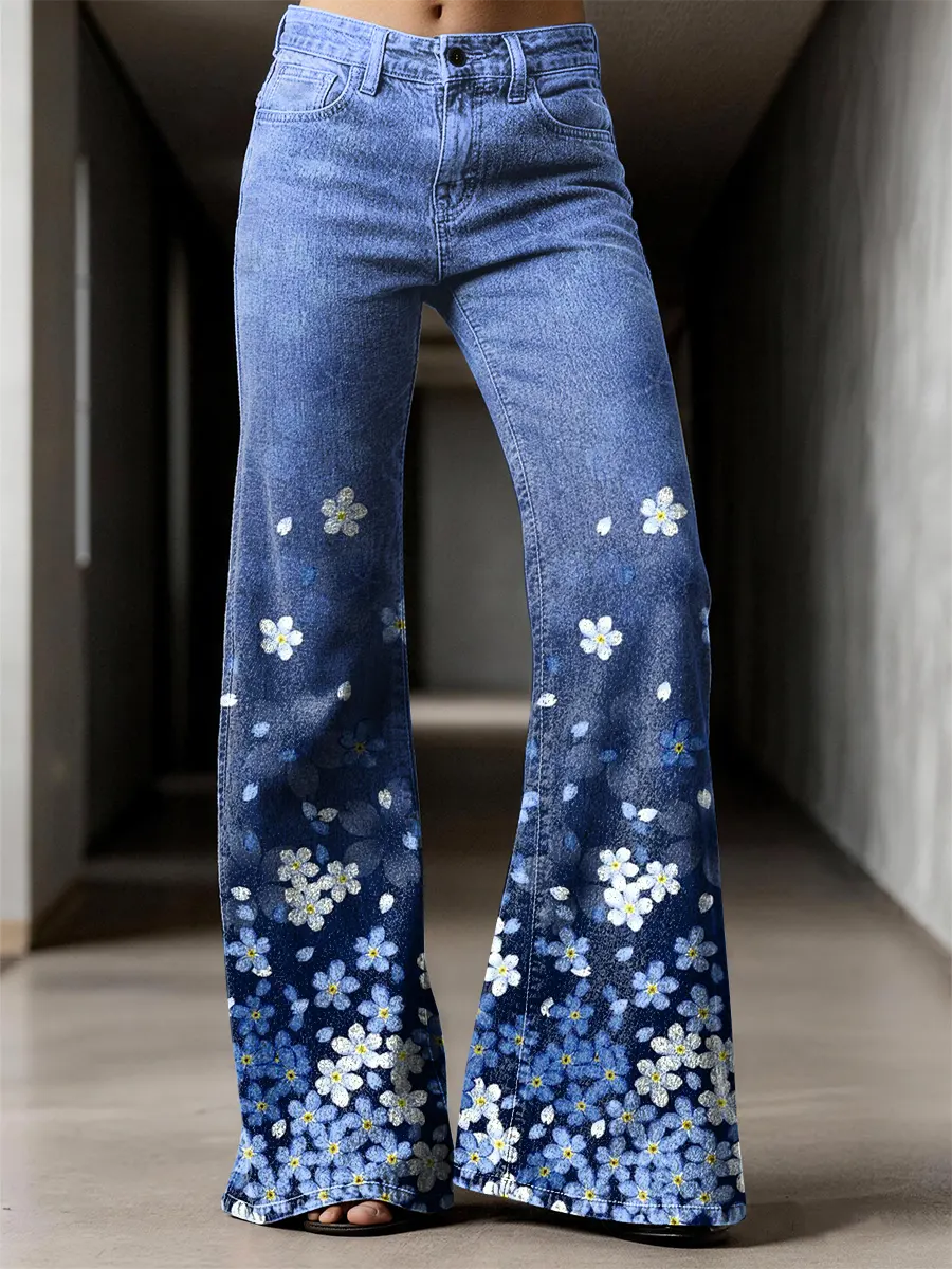 Retro Flowers Pattern Art Print Casual Flared Jeans