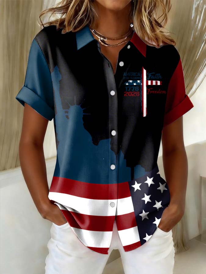 Women'S Independence Day Patriotic American Flag 250Th Anniversary Button Short Sleeve Shirt