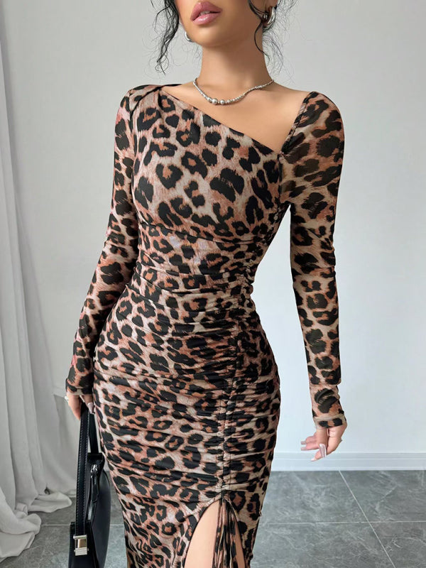 New Women's Round Neck Long Sleeve Leopard Print High Waist Hottie Dress