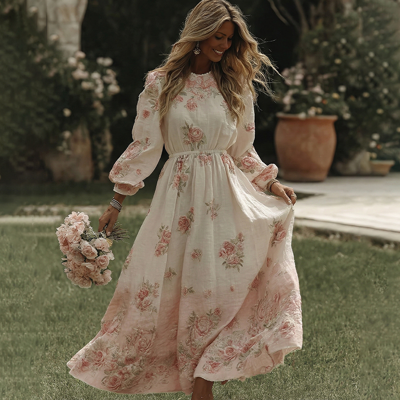 Women's Vintage Pink Rose Art Flowy Maxi Dress