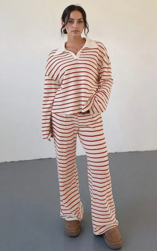 Women's casual color-block striped two-piece set