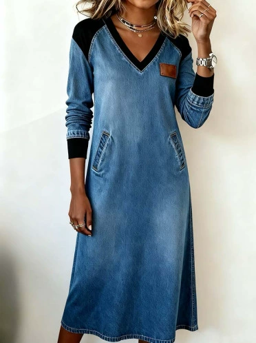 Women's Color-blocked V-neck Casual Denim Dress