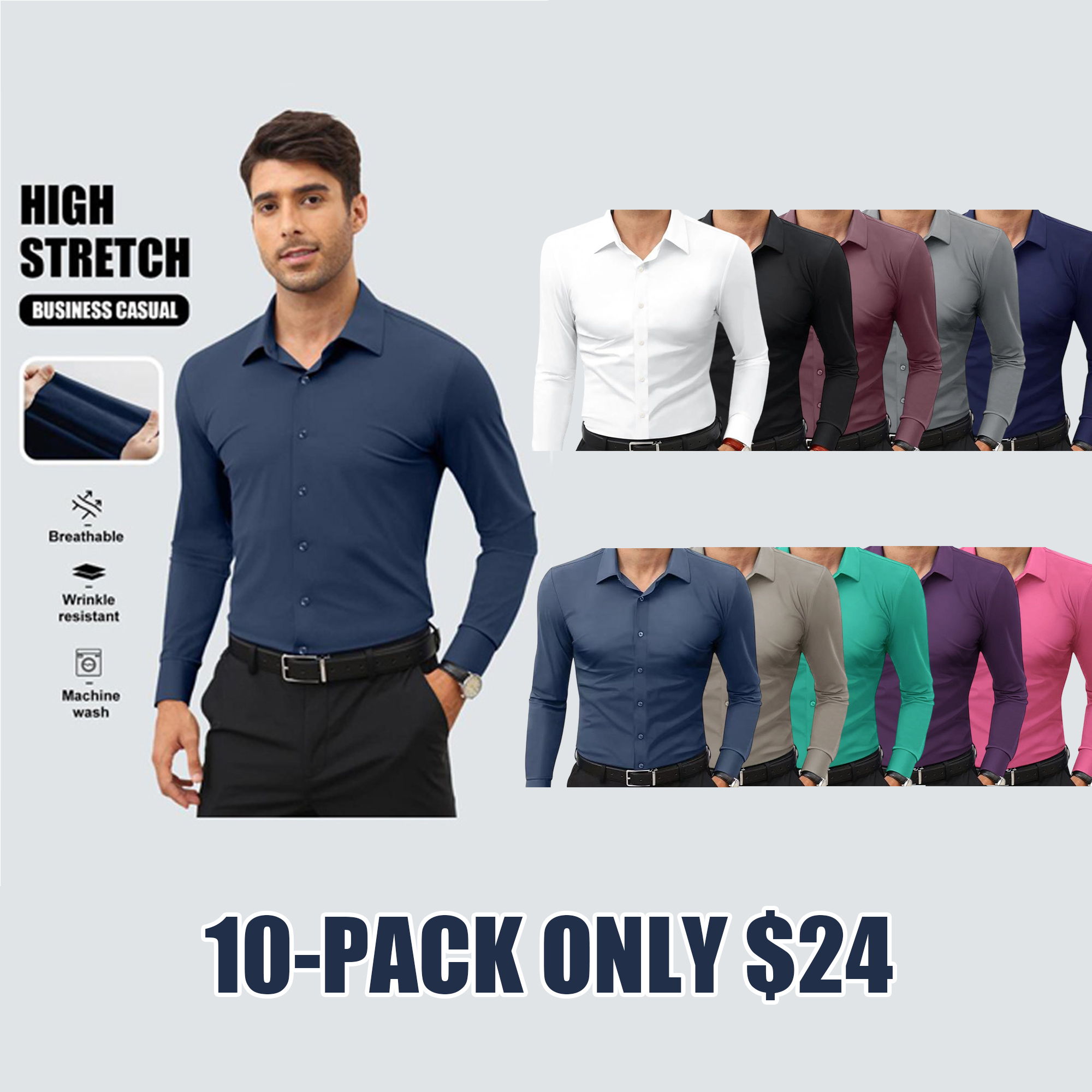 🔥10-Pack (one of each color)🔥Men’s Stretch Slim-Fit Long Sleeve Dress Shirt
