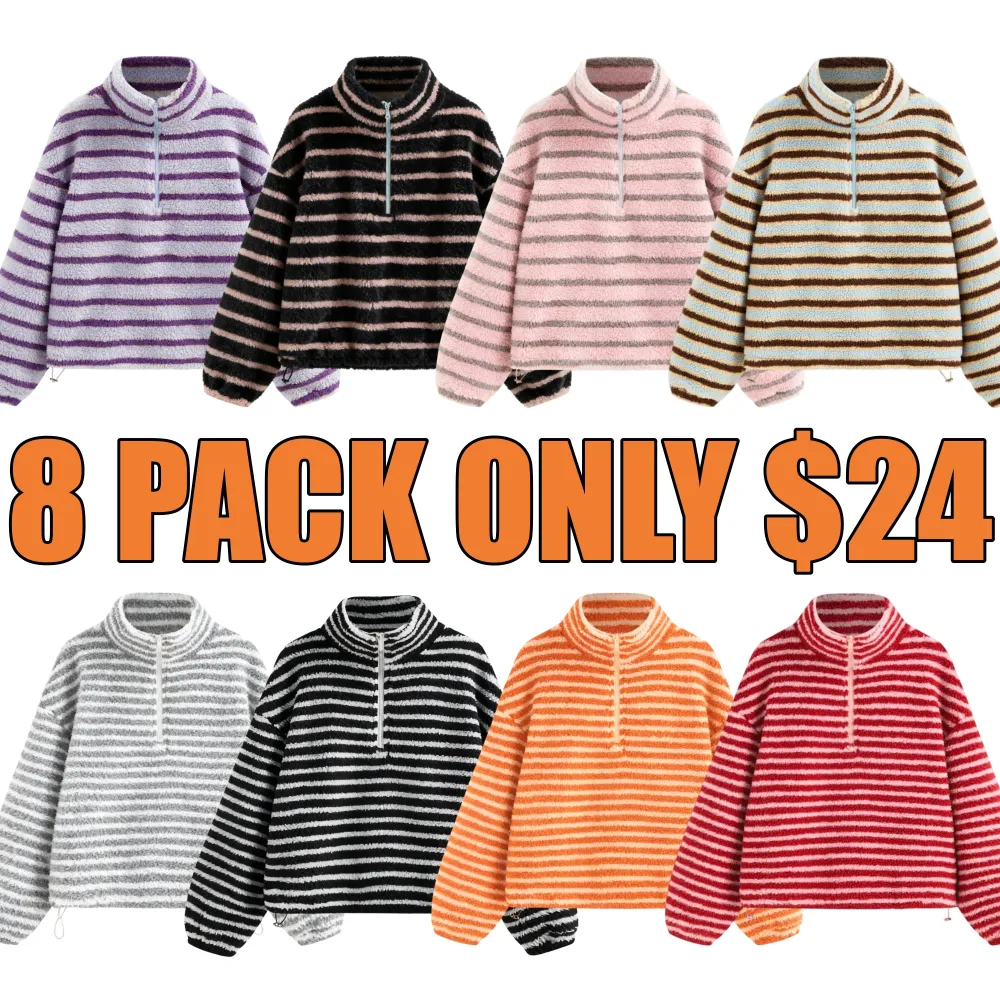 Fleece Stripe Stand Collar Drawstring Half Zip Oversized Sweatshirt