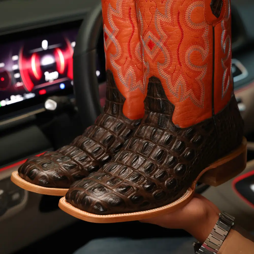 Chocolate Brown Caimán Back Leather Boots — Square Toe