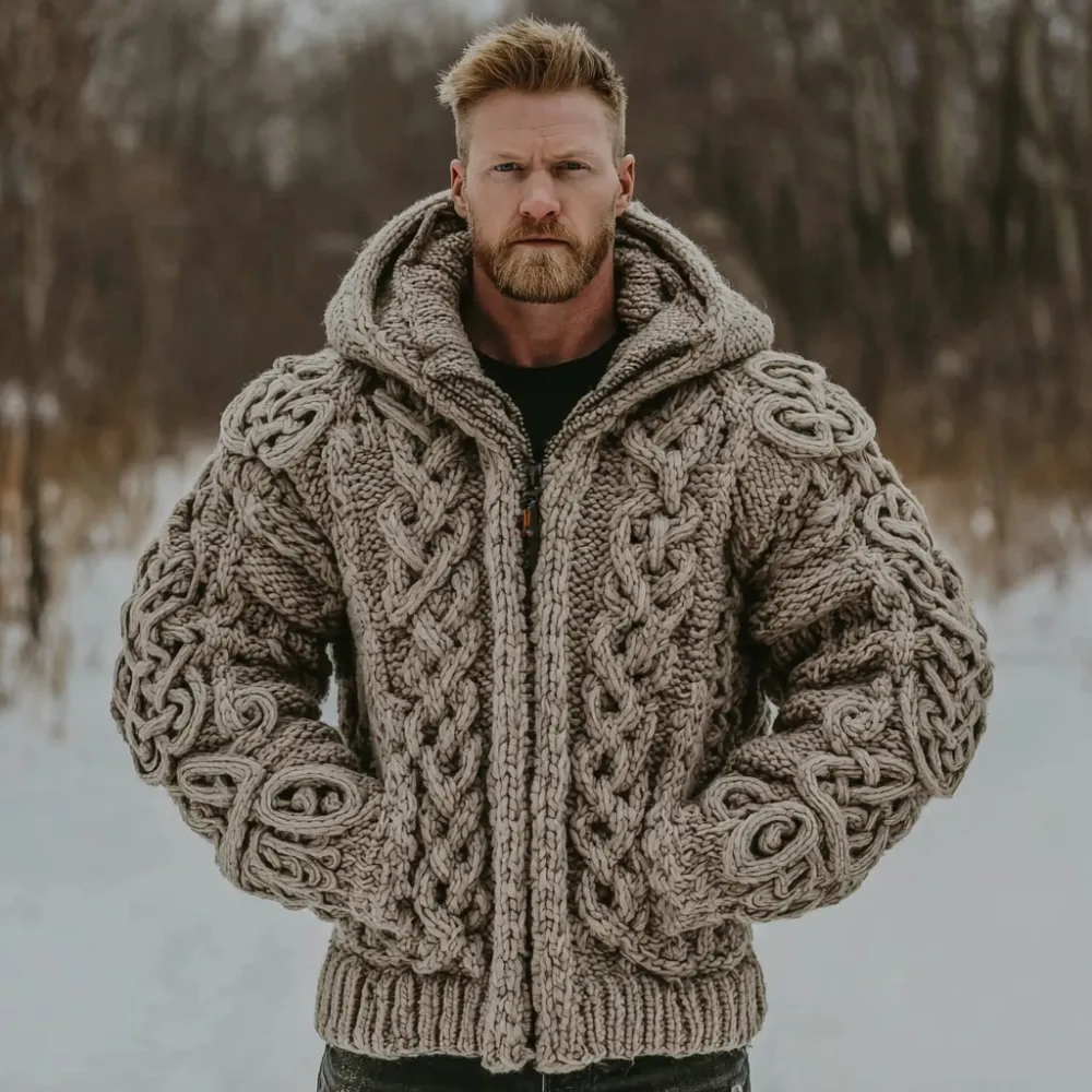 Men's Vintage Viking Celtic Knit Jacquard Zip Hooded Sweater