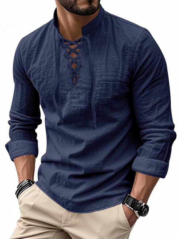 Men's Lightweight Breathable Linen Shirt, Drawstring Collar, Unique Design, Casual Plain Long Sleeve Polo, Perfect for Daily Commute Spring Fall Men's Clothing