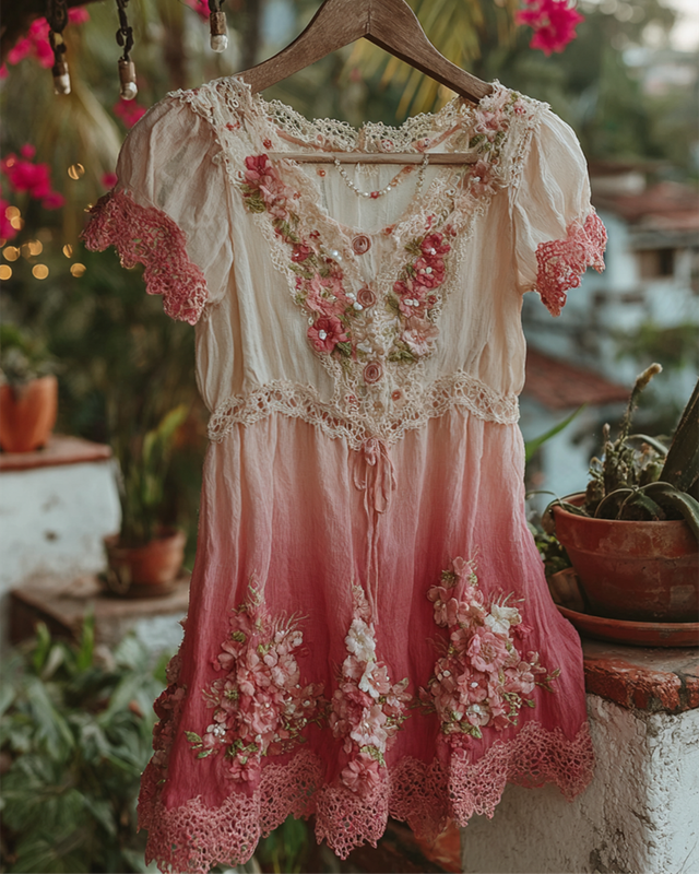 Women's Elegant Gradient Flowers Irregular Ruffle Linen Blouse 2888