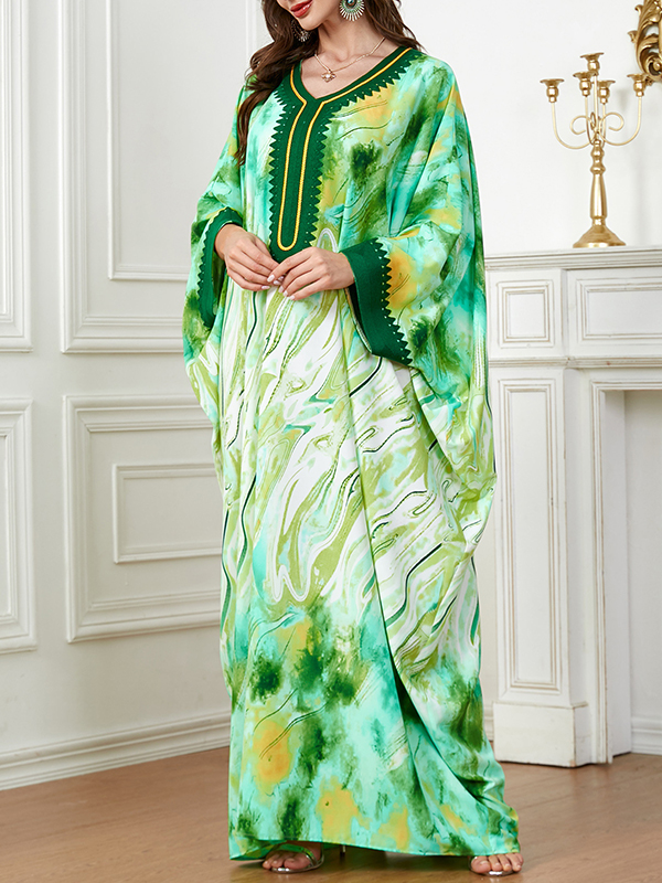 Contrast Color Muslim Printed Split-Joint Batwing Sleeves Loose V-Neck Muslim Abaya Maxi Dresses