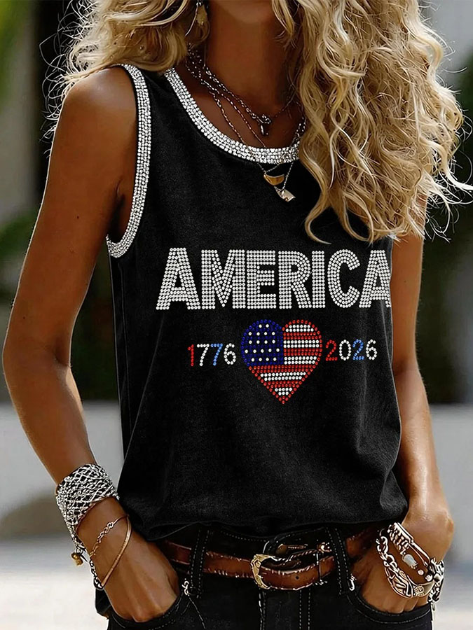 Women's USA Rhinestone Pattern Vintage Tank Top