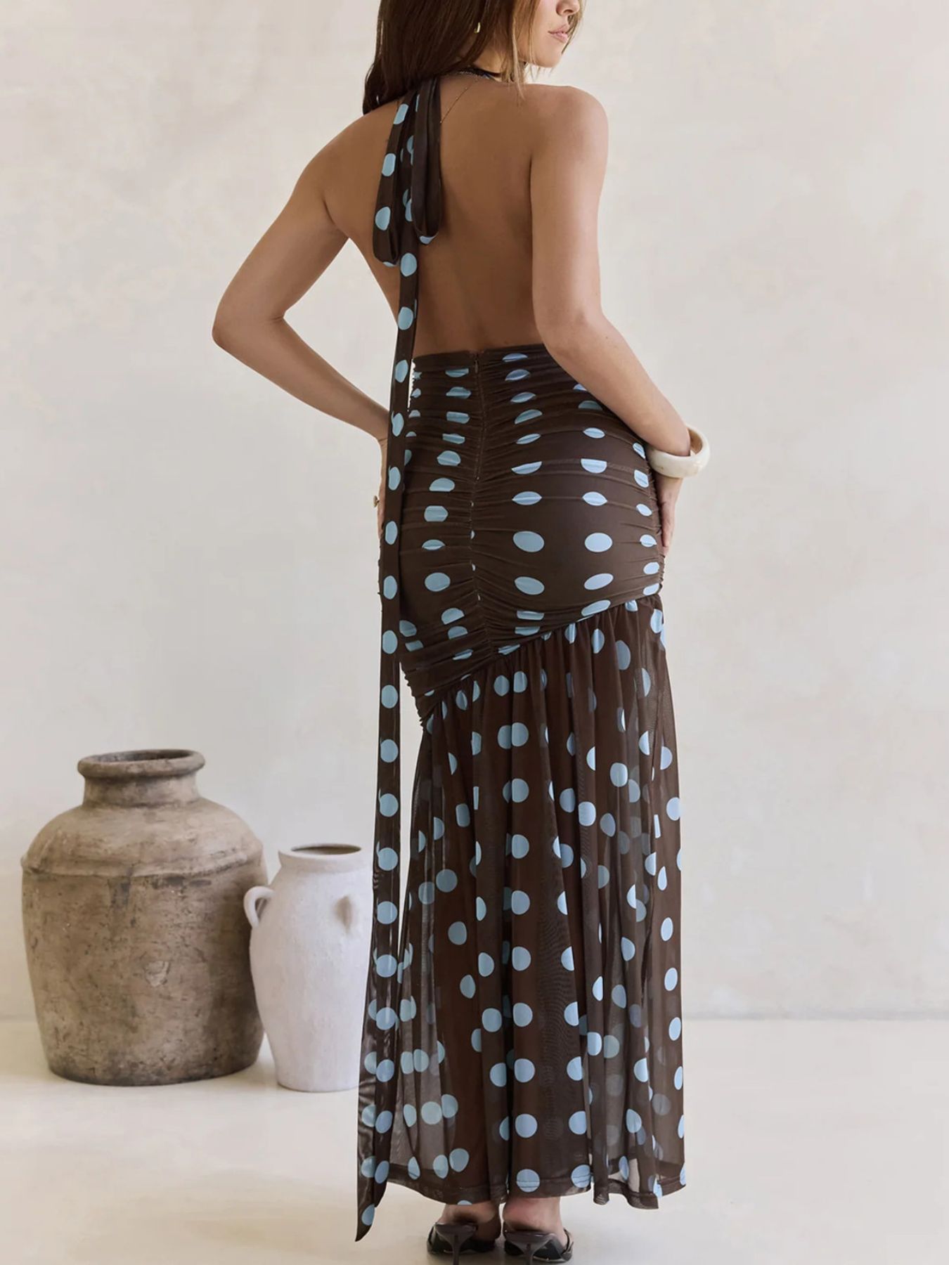 Polka Dot Halter Ruched Maxi Dress