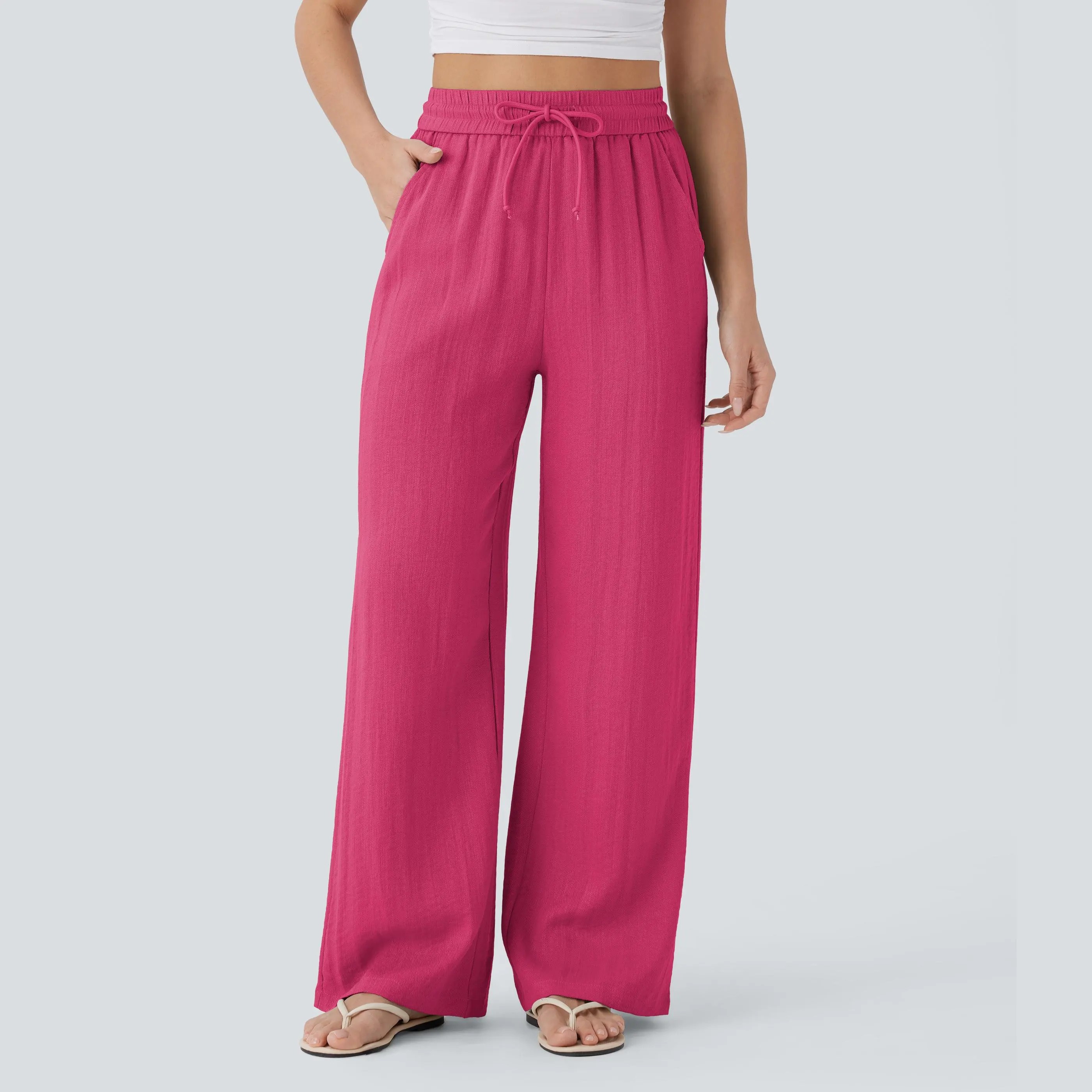 🔥🔥Easter Sale!!High Waisted Drawstring Pocket Wide Leg Casual Linen-Feel Pants