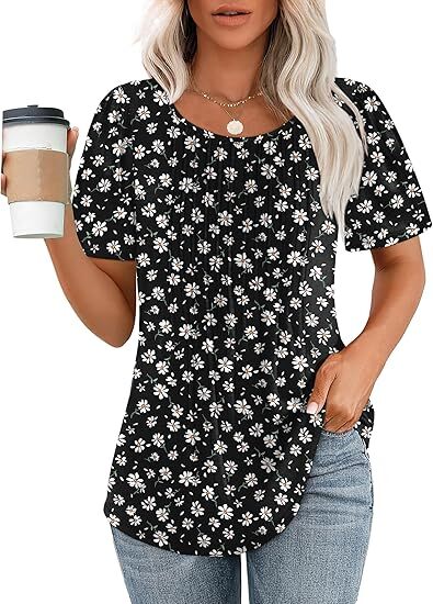 🔥Last day promotion🔥Womens T Shirts Short Sleeve Pleated Dressy Casual Scooped Neck Summer Tops Blouses
