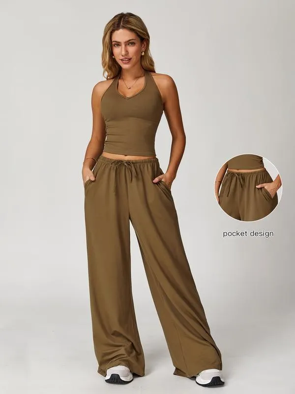 Women's Solid Crop Tank Top & Wide Leg Pants Set (Just $3 a set!)