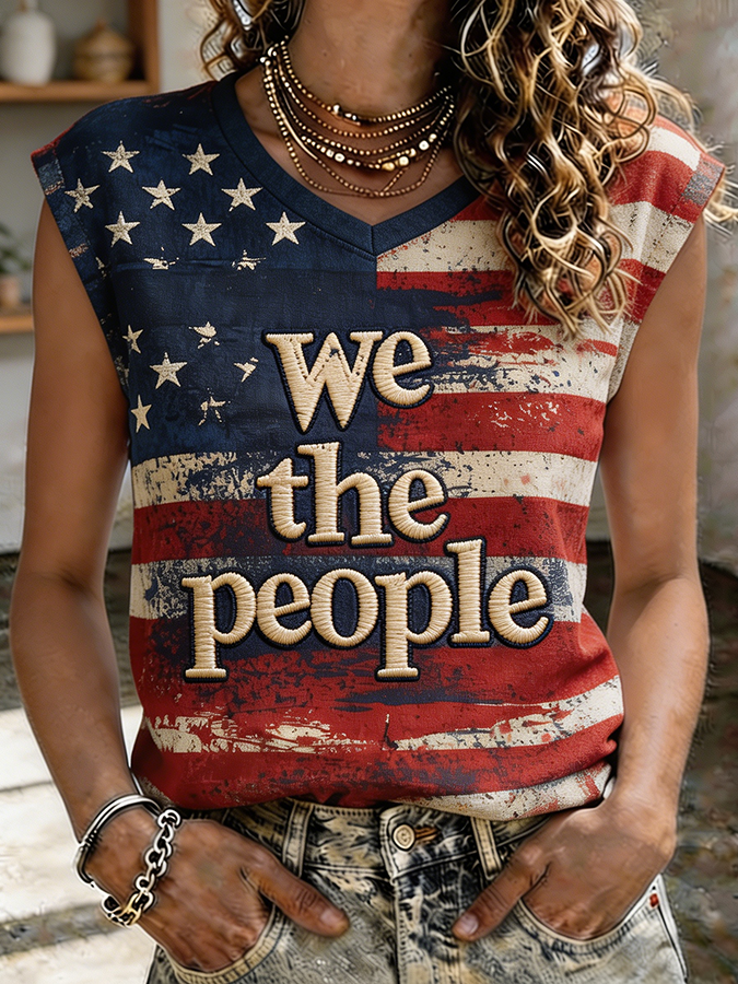 Women's We The People Retro USA Flag Sleeveless V-Neck Top