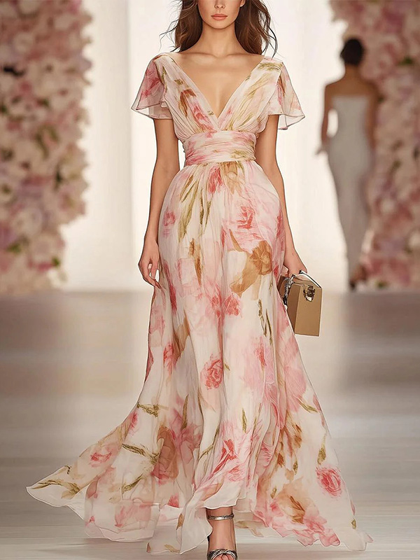 Flower Printed Ruffled Short Sleeves Elegant Chiffon Maxi Dresses