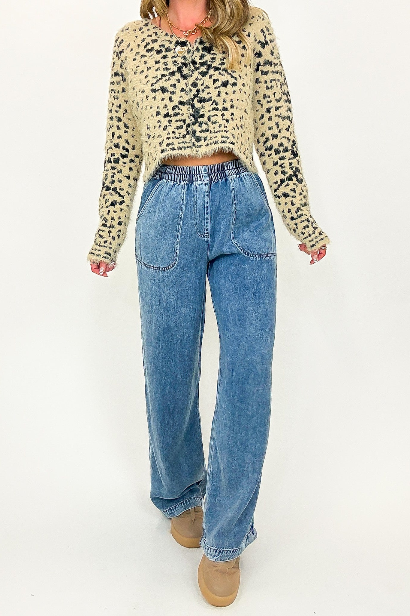 Blue Drift Washed Chambray Elastic Waist Wide Leg Pants