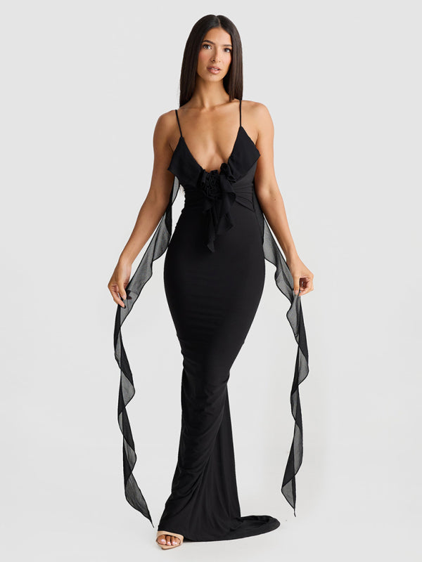 Deep-V 3D Flower Strappy Backless Fishtail Dress