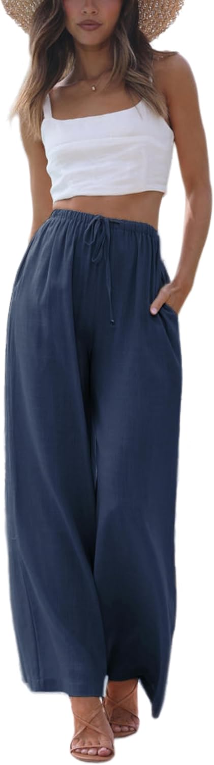 Faleave Women's Cotton Linen Summer Palazzo Pants Flowy Wide Leg Beach Trousers with Pockets