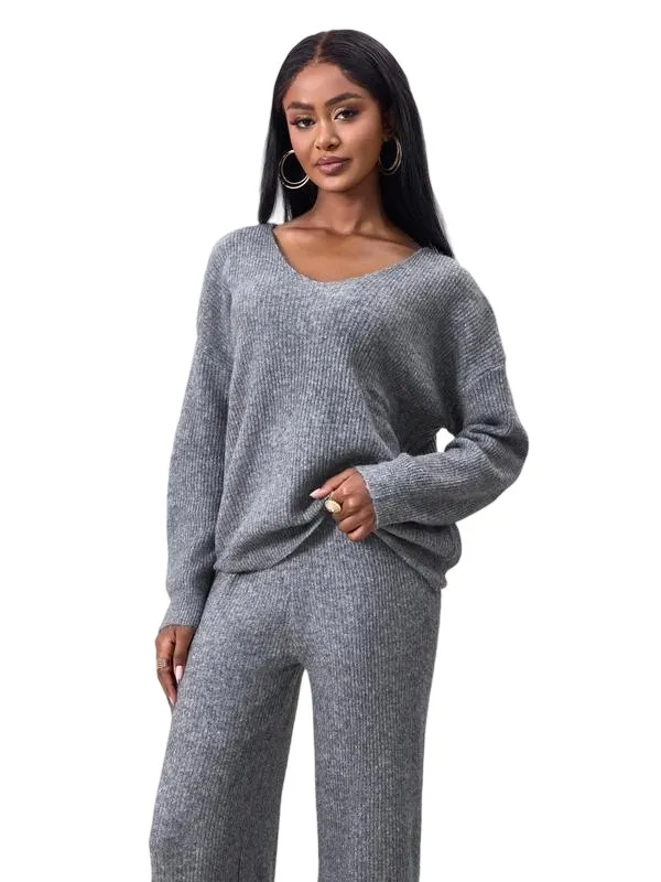 Two-piece Set Women's Solid Color Drop Shoulder Sweater & Pants