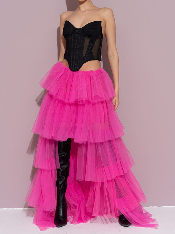 Solid Color Ruffled Pleated A-Line Asymmetric Skirt Bottoms