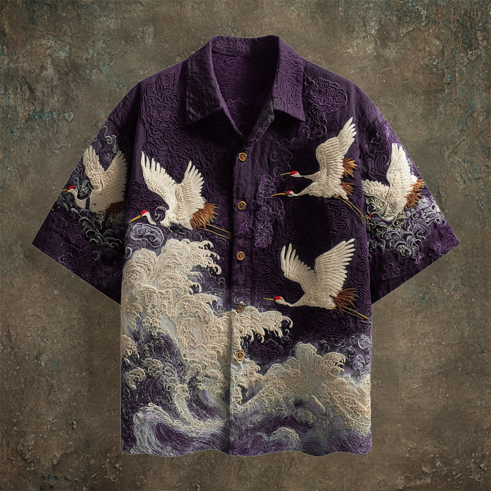 Japanese Wave & Crane Men's Casual Linen Short Sleeve Shirt