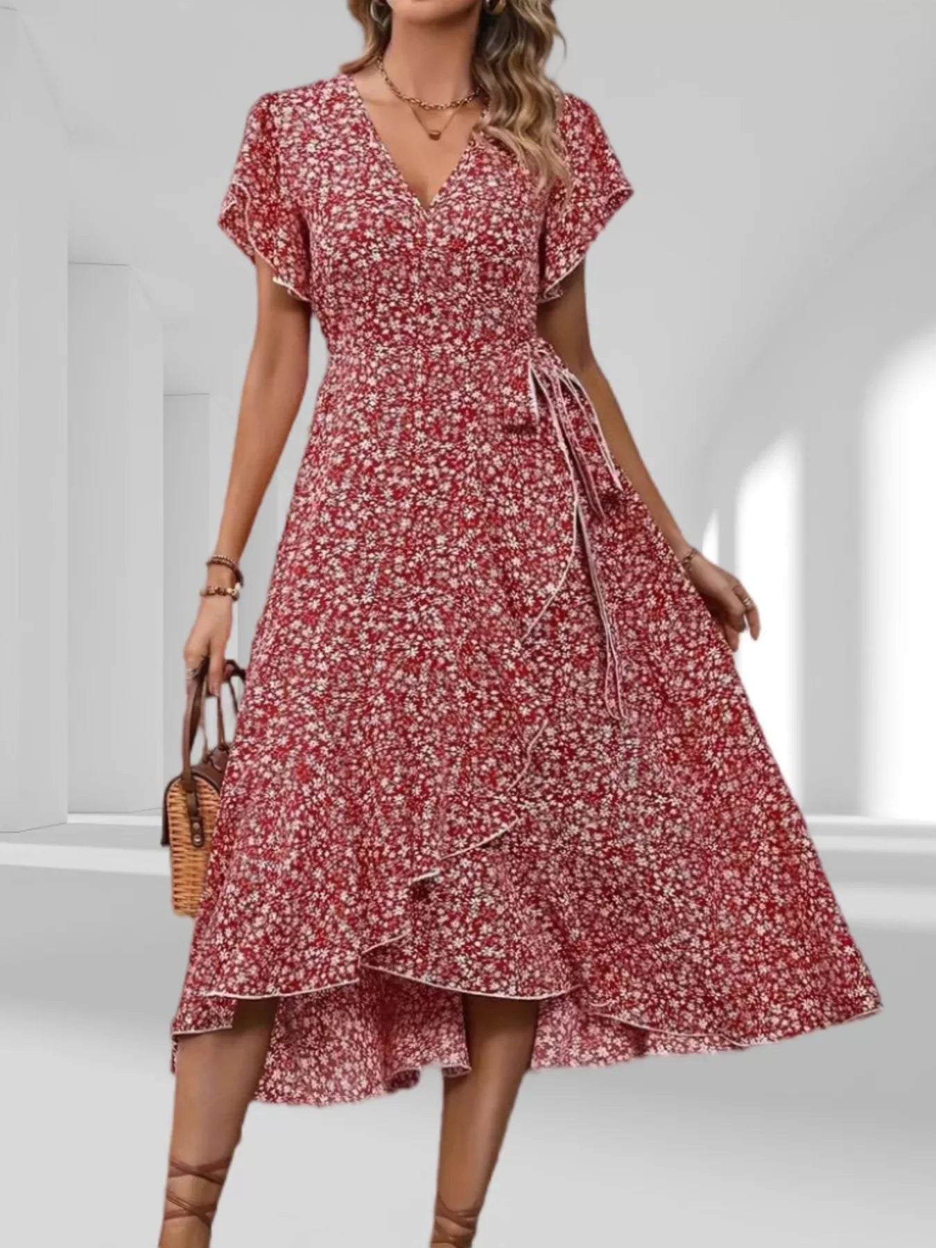 Floral Print Ruffle Hem Wrap Midi Dress