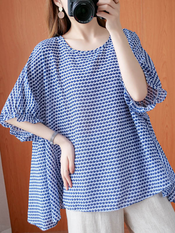 Casual Split-Joint Plaid Round-Neck Batwing Sleeves T-Shirts