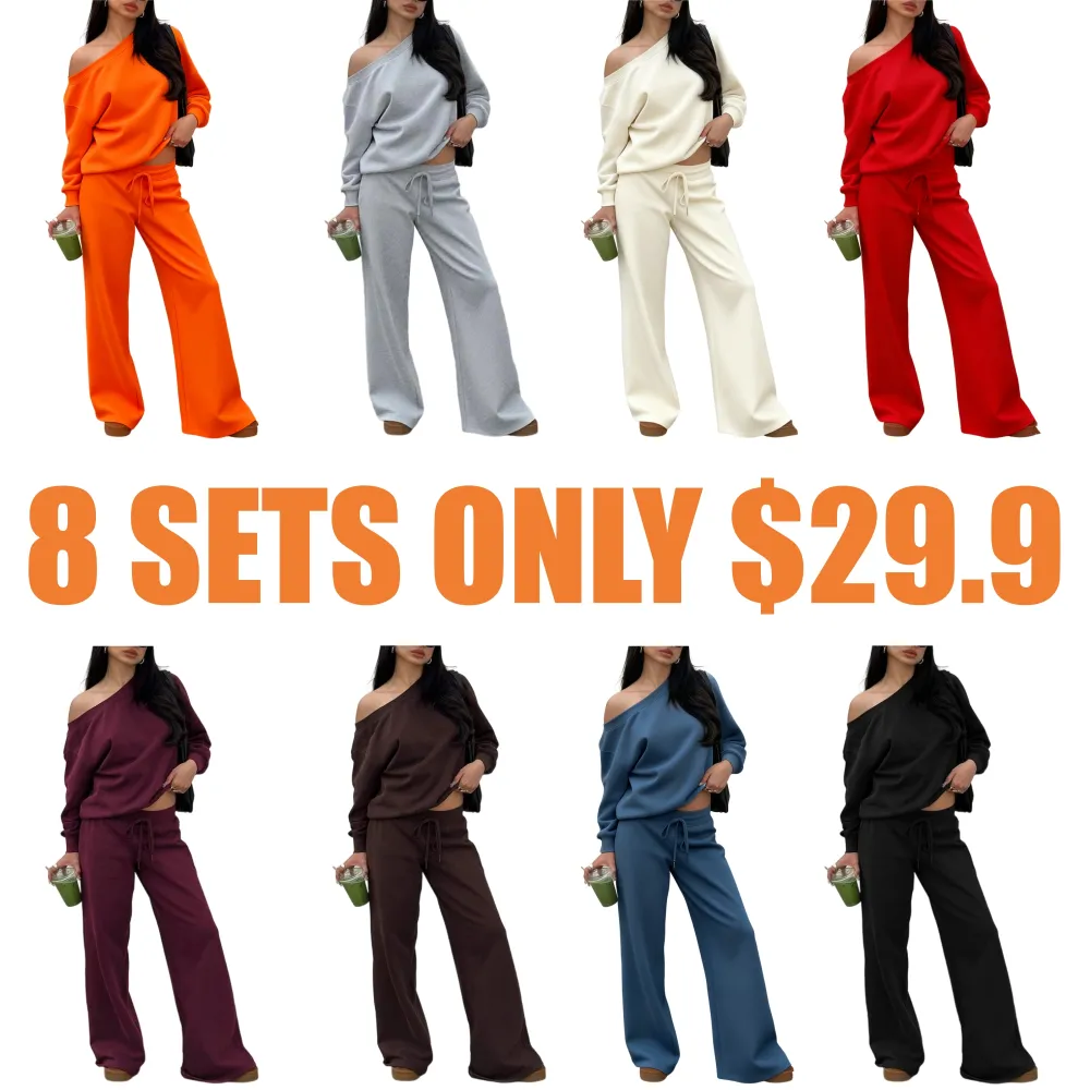 Women Off the Shoulder Long Sleeve Jumper & Pants 2 Piece Set