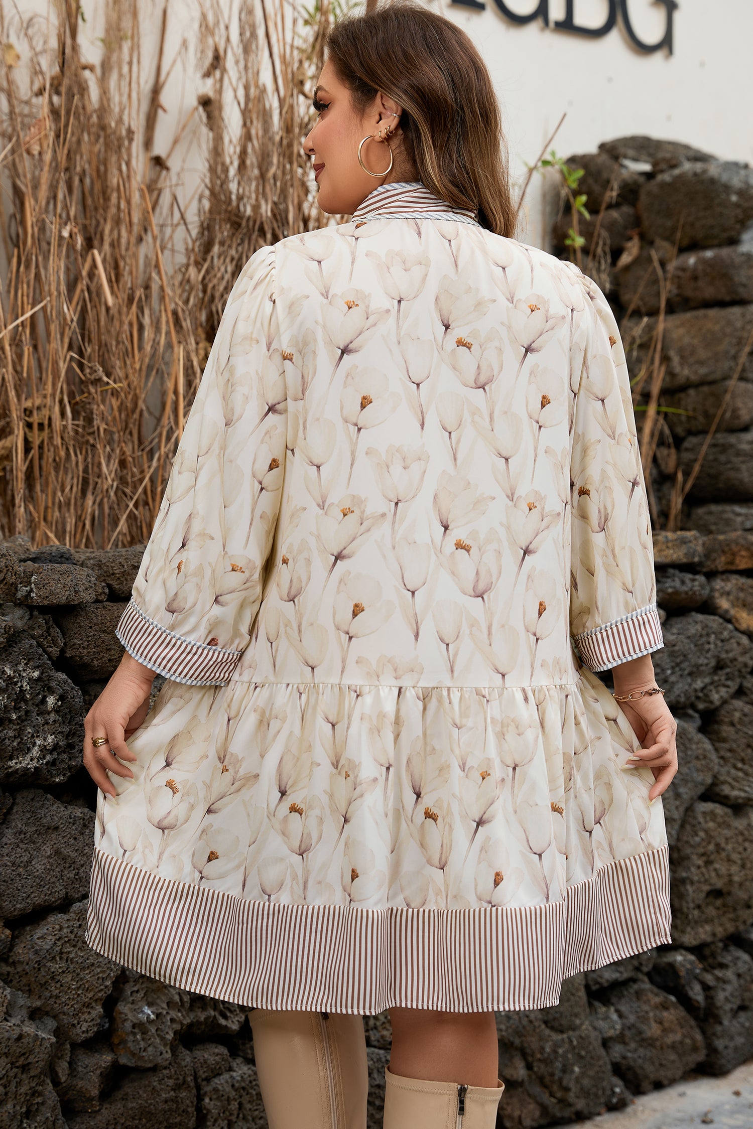 Khaki Plus Size Floral Striped Trim Patchwork Button Down A-line Dress